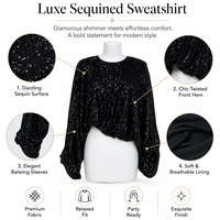 Sweat-shirt court noir à sequins pour femme, manches chauve-souris longues, col rond, ourlet froncé élastique, style streetwear automne, doublé, sexy, pour club