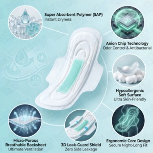 Serviettes hygiéniques jetables ultra-fines avec ailettes, super absorbantes, en coton doux, avec protection anti-fuites anionique, pour usage nocturne - Product Image 3