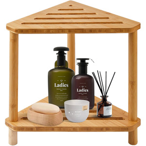 <b>Bamboo</b> Wood Bathroom <b>Stool</b> 60X70cm Two Tier Storage Rack Solid Wood Non Slip Freestanding Shelf Minimalist Design - Product Image 2