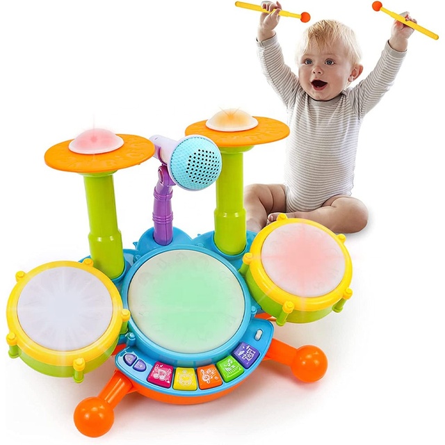 Multi-functional Toddler Kids Jazz Drum Toy Plastic Musical Instrument Electronic Organ Drum Set Music Toy with Microphone Light