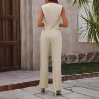 Setelan Vest dan Celana Kerja Wanita Musim Panas ELEGAN, Bahan Tenun Solid Kancing Tanpa Lengan, Poliester Spandex 2-Piece Panjang