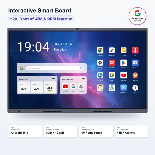 Google EDLA 4K Interactive Smart Board Android 16 8GB 128GB 40-Point Touch 48MP Camera Interactive Whiteboard for Conference