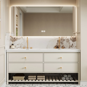 Mueble de Baño Moderno <span class=keywords><strong>con</strong></span> Lavabo Doble, Espejo de Cuerpo Entero <span class=keywords><strong>con</strong></span> Detalles en <span class=keywords><strong>Dorado</strong></span> e Iluminación LED Integrada - Product Image 2