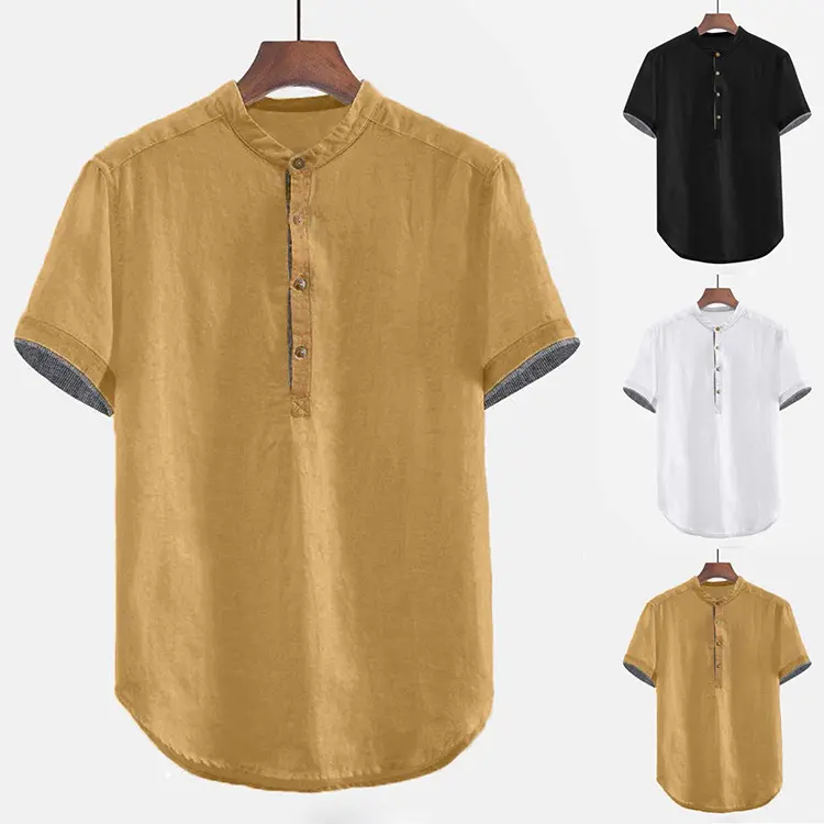 Camisas masculinas de linho e algodão, camisas largas de linho e manga curta com botão, tamanho M-3XL, para o verão, roupas soltas, designer de homens