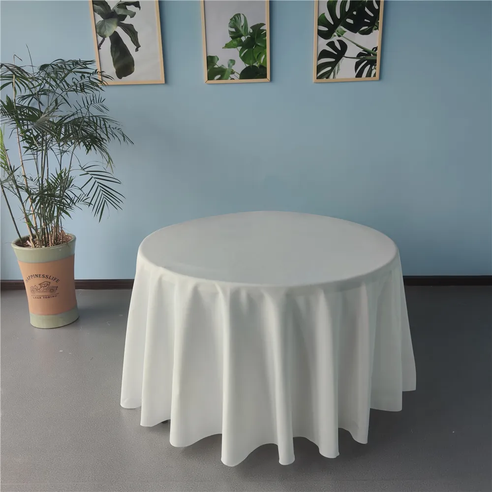 Toptan polyester özel beyaz 120 inç yuvarlak açık havada parti ziyafet düğün masa örtüsü masa örtüleri olaylar için