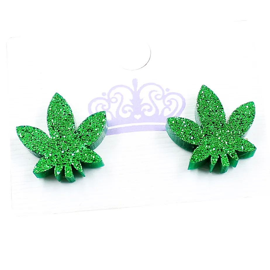 ERS310ST073 (1 pair) Pot Leaf Stud Earrings Green Glitter Cute 420 maple leaf Weed Earrings Acrylic Jewelry
