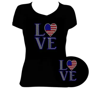 Novo atacado EUA LOVE Flag 4 de julho Independence Day Rhinestone Transfer Design ferro em para T-shirts