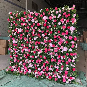 2022 GNW Green Plant Pink Rose Hydrangea Multi-layer 3D Artificial Flower Wall Durable Rolled-up Wedding Restaurant Decoration