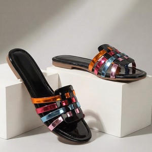 Fashion Ladies Flat Slides New Woven Patent Leather Flat for Women's Comfortable casual Autumn Metal One-strap - Product Image 4