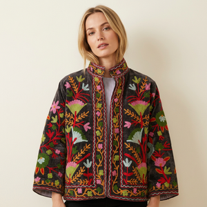Veste d'hiver réversible en velours brodé pour femme, motif floral, col en V, manches classiques, écologique, respirante, automne, prairie - Product Image 1