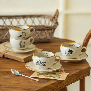 Japanese Style Cat Illustration Coffee <b>Cup</b> <b>Set</b> Cartoon Tea <b>Cup</b> and Saucer Ceramic Latte <b>Cup</b> <b>Set</b> - Product Image 1