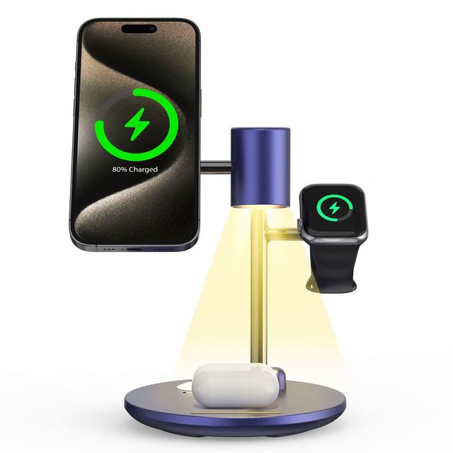 Minimalist Column Magnetic Wireless Charging Stand with Projection Lamp for Smart Watch and Earphone 15W Type-C Metal