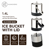 HC Grosir Ember Es Bulat Stainless Steel 1.4L dengan Tutup Vakum Terisolasi, Pegangan Kulit, Pendingin Anggur OEM 5 buah