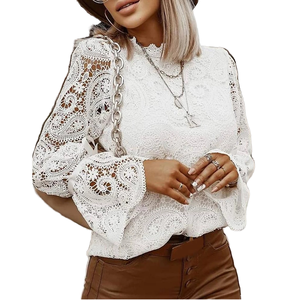 Sexy <b>Lace</b> Hollow Solid Shirt Blouse Women Autumn Eco-Friendly Long Sleeve O-Neck <b>Top</b> Femme <b>White</b> Vintage Loose Clothing - Product Image 1