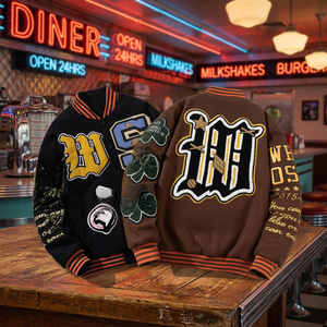<b>Men's</b> Varsity <b>Jacket</b> Embroidered Patchwork Design Black Brown <b>Baseball</b> Style Casual Wear Turn-down Collar Regular Fit - Product Image 1