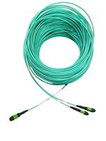 Kabel rakitan berbentuk Y dengan serat optik OM3 OM4 8 serat, APC MPO, untuk koneksi kecepatan tinggi jarak pendek di pusat data.