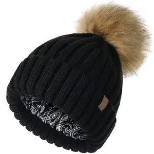 Womens Winter Warm Knit Beanie Hats Satin Lined Faux Fur Pom Pom Beanies Hat for Girls