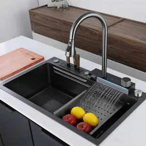 Black color elegant multi functional ambient light 304 stainless steel digital display waterfall smart kitchen sink for home
