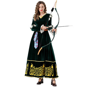 Vestido largo verde oscuro estilo corte medieval con adornos dorados, disfraz de cosplay para mujer, juego de rol para fiesta de Halloween para adultos - Product Image 2