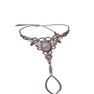 Handmade Taupe Macrame Pendant Necklace with Pink Stone Boho <b>Silver</b> <b>Beaded</b> Adjustable Jewelry for Women - Product Image 1