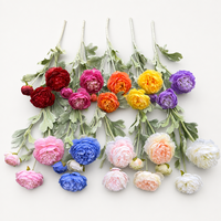 Bunga Sutra Premium Peony & Ranunculus 3 Tangkai Bunga Palsu Realistis untuk Dekorasi Pernikahan & Rumah Grosir