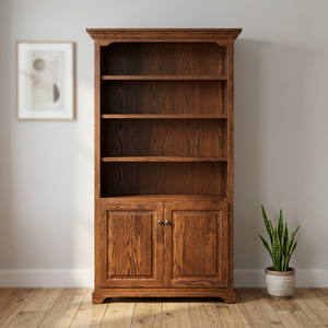 Dark Walnut Teak Wood Bookcase Traditional Tall Open Shelf <b>Storage</b> <b>Cabinet</b> with Doors - Product Image 2