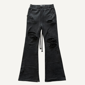 Pantalon de survêtement évasé noir déchiré pour homme, taille élastique avec cordon de serrage, style streetwear délavé, en coton French Terry - Product Image 1