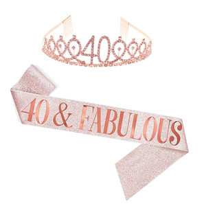 Ensemble couronne et écharpe pour 50e anniversaire, tiare en strass or rose avec écharpe scintillante pour femmes, accessoires de fête - Product Image 4