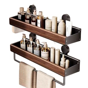 Bathroom Storage Rack 2 Bars Wood Organizer <b>Shelf</b> No Drilling Required Towel Rack For Bathroom - Product Image 5
