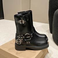 Bottes mi-mollet en cuir vegan pour femme, avec plateforme épaisse, boucle et anneaux argentés, disponibles en noir et marron