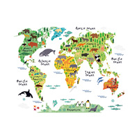 Pegatinas de pared con mapa del mundo de animales para habitación de niños, dormitorio, jardín de infantes, decoración de fondo de pared, calcomanías de pared removibles, arte