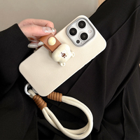 Coque de téléphone antichoc en cuir TPU avec support de doigt motif ours mignon et cordon anti-perte portable pour iPhone 17 Pro Max 18 Pro