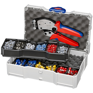 Kit d'outils de sertissage de fils KNIPEX avec embouts de bornes et cosses de câbles assortis pour connexions électriques - Product Image 1