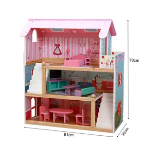Bester Verkauf 3 Schichten rosa Holz Spielzeug haus für 4 und 6 Zoll Puppen schöne Qualität pädagogische Holz spielzeug rosa Puppenhaus Set