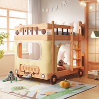 Casa de autobús de dos pisos de madera maciza, tienda de campaña, litera para niños con luz LED