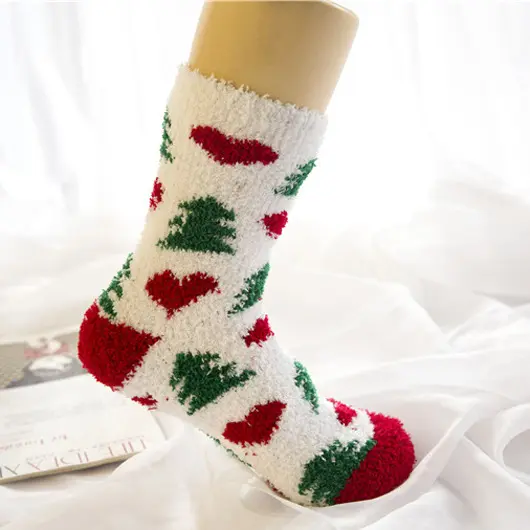 Christmas socks Korean version of coral velvet floor socks winter half side velvet women's striped Christmas socks