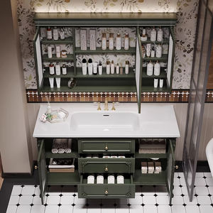 Meuble-lavabo vintage français pour salle de bain avec lavabo simple/double personnalisable, meuble-lavabo autoportant en bois massif avec <span class=keywords><strong>miroir</strong></span> <span class=keywords><strong>LED</strong></span> intelligent - Product Image 2