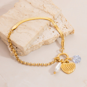 Pulsera de Perlas de Acero Inoxidable con Colgante de Circonia Cúbica en Forma de Corazón, Chapado en Oro de 18K, Joyería de Regalo - Product Image 3