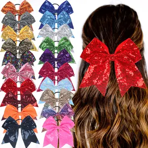 7 Inch Bling Sparkly Glitter Lantejoulas Pigtail Arcos para o miúdo Meninas Grandes arcos cheerleading Titular Rabo de Cavalo Elástico...