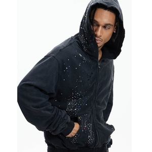 Sweat à capuche zippé personnalisé 100 % coton, style vintage French Terry Y2K, délavé à l'acide, orné de strass et de cristaux, clouté de diamants, pour l'automne - Product Image 6