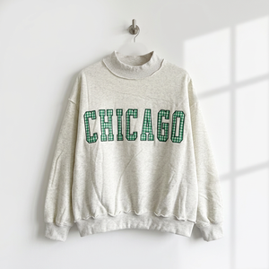 Hot Sale Chicago Gingham Patchwork <b>Letter</b> <b>Applique</b> Mock Neck Sweatshirt Women's Cotton Blend Turtleneck Autumn Style - Product Image 2