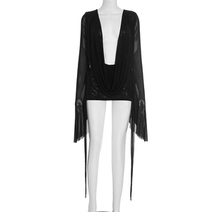 Abito da <span class=keywords><strong>donna</strong></span> aderente con colletto oscillante trasparente in Mesh Mini svasato manica lunga con nastro di pizzo senza schienale abito da vacanza - Product Image 5