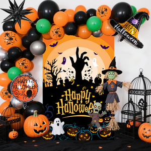 Nouvelle série Halloween : Ensemble de ballons de fête noirs et oranges, toile de fond et décorations à thème pour Halloween - Product Image 3