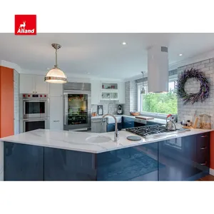 Allandcabinet Gabinete de cocina azul de alto brillo Contemporáneo en forma curva RTA Laca personalizada con Isla con fregadero para hogar urbano