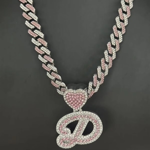 Collar <span class=keywords><strong>de</strong></span> Moda con Colgante <span class=keywords><strong>de</strong></span> Letra Cursiva A-Z en Forma <span class=keywords><strong>de</strong></span> Corazón Rosa Helado, Aleación con Circonitas Rosa-Blanco, Cadena Cubana Bicolor, Estilo Hip Hop Bling, Regalo para Fiesta - Product Image 6