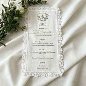 Menu Personalizzato per Matrimonio in Lino con Bordo in Pizzo e Stampa Letterpress, Stampa Personalizzata per Ricevimenti Nuziali e Forniture per Tavoli di Alta Gastronomia - Product Image 2