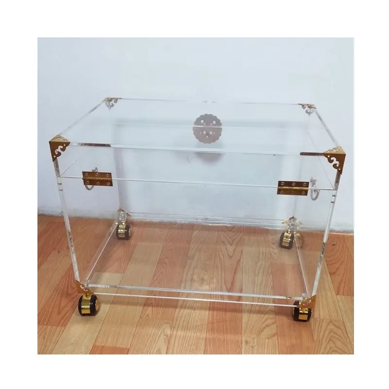 Factory Wholesale Clear Acrylic Display Case Rustic Brass with Wheels Big Storage Container for Home