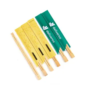 Sumpit bambu tebal 2-Bamboo Twin tanpa simpul & burrs dengan full paper cover dan terukir logo pada sumpit, 23 cm x 5 mm tebal