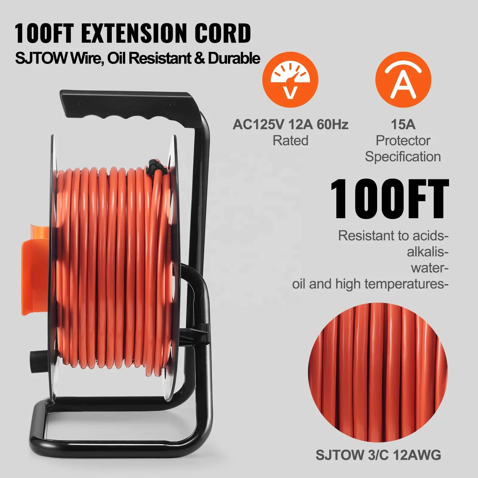 100F Heavy Duty 12AWG SJTOW Manual Cord Wire Reel With Extension Cord 100 ft Circuit Breaker with Heavy Duty Extension Cord Reel