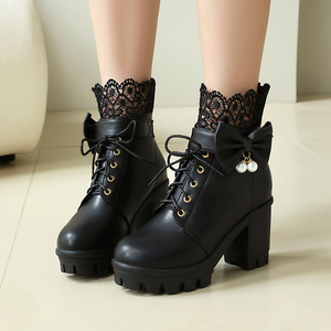 <b>White</b> Ankle Boots Lace-Up Chunky <b>Heel</b> Round Toe Bow Decoration PU All Seasons Style Drop Shipping - Product Image 5